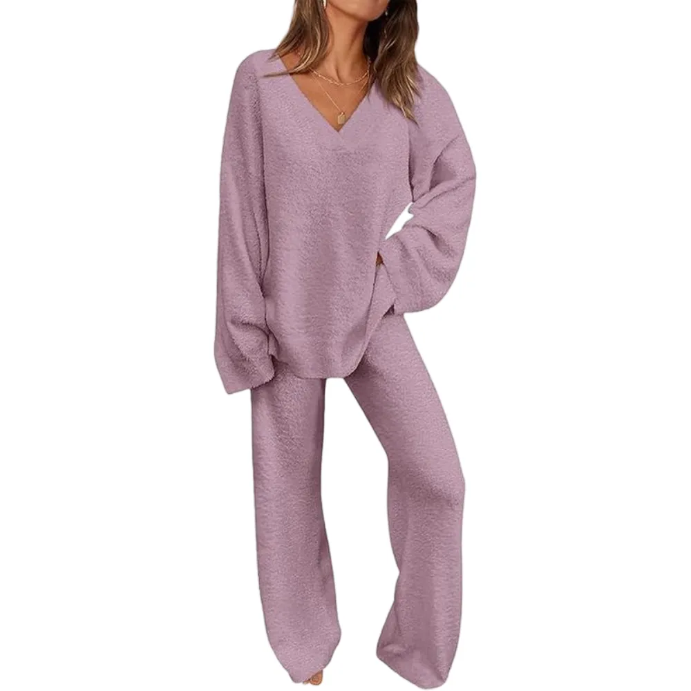 Women's 2-Piece Lounge Set Soft Chunky V Neck Tops& Wide Leg Long