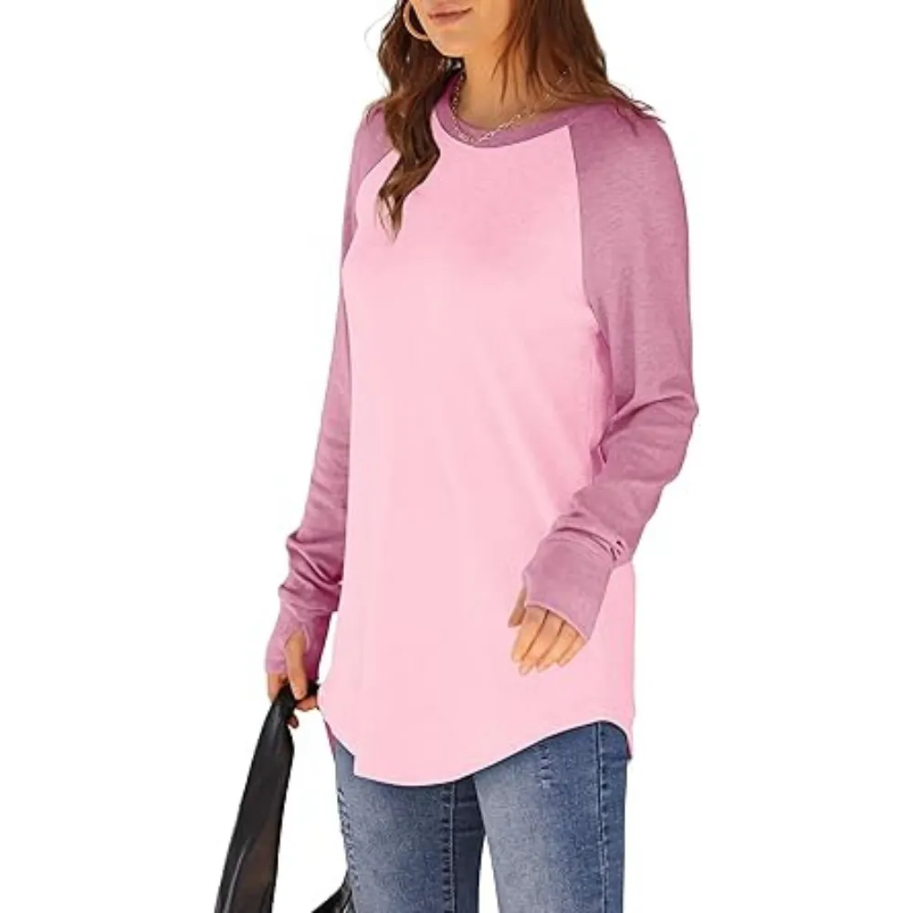 Womens Tunic Tops to Wear with Leggings Long Sleeve Thumb Hole Shirts Crew Neck Curved Hem