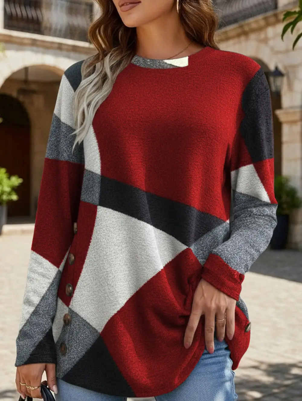 Contrast Print Long-Sleeved Tee Top