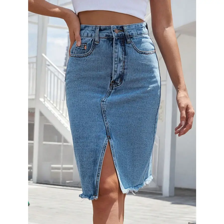 Raw Hem Slit Denim Skirt