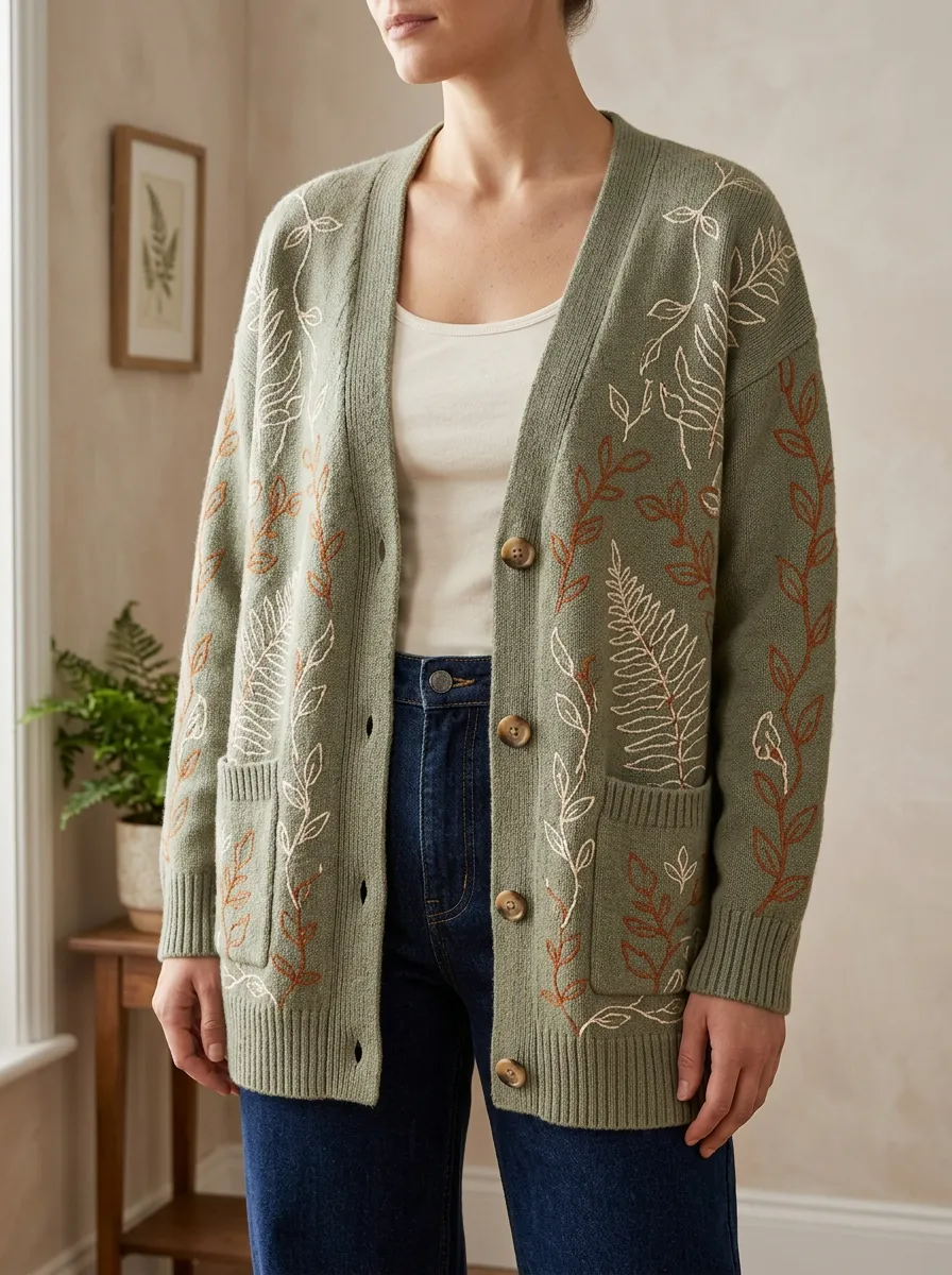 Women's Botanical Nature Lover Fern Leaf Printed Cardigan