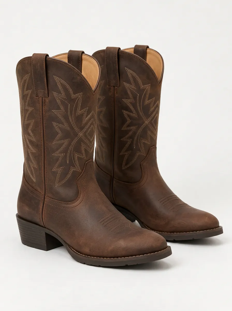 Unisex Brown Cowboy Boots with Star Stitch Pattern