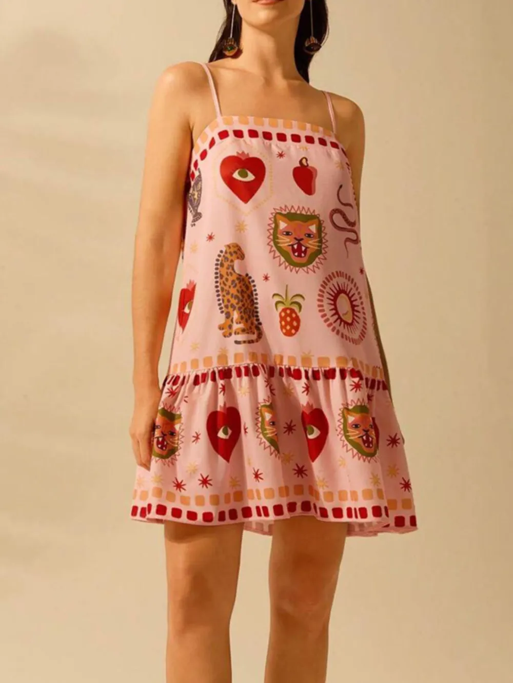 Textured Detail Printed Ruffle Mini Dress