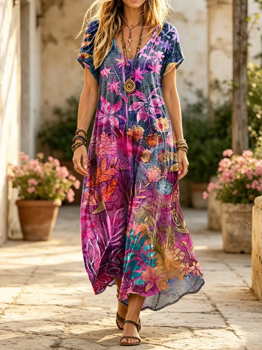 Women's Retro Colorful Ethnic Floral Art Print Casual Short-sleeve V-neck Cotton Dress