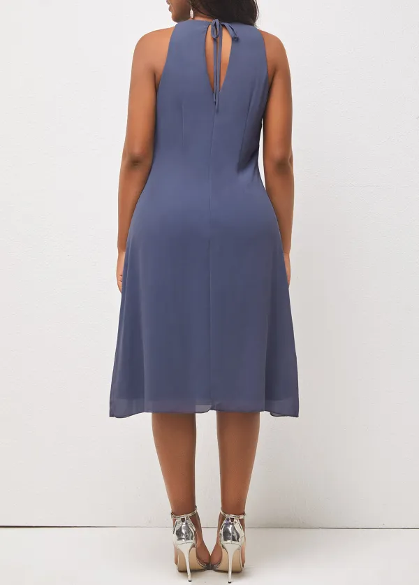 Flounce Bib Neck Dusty Blue Cutout Dress