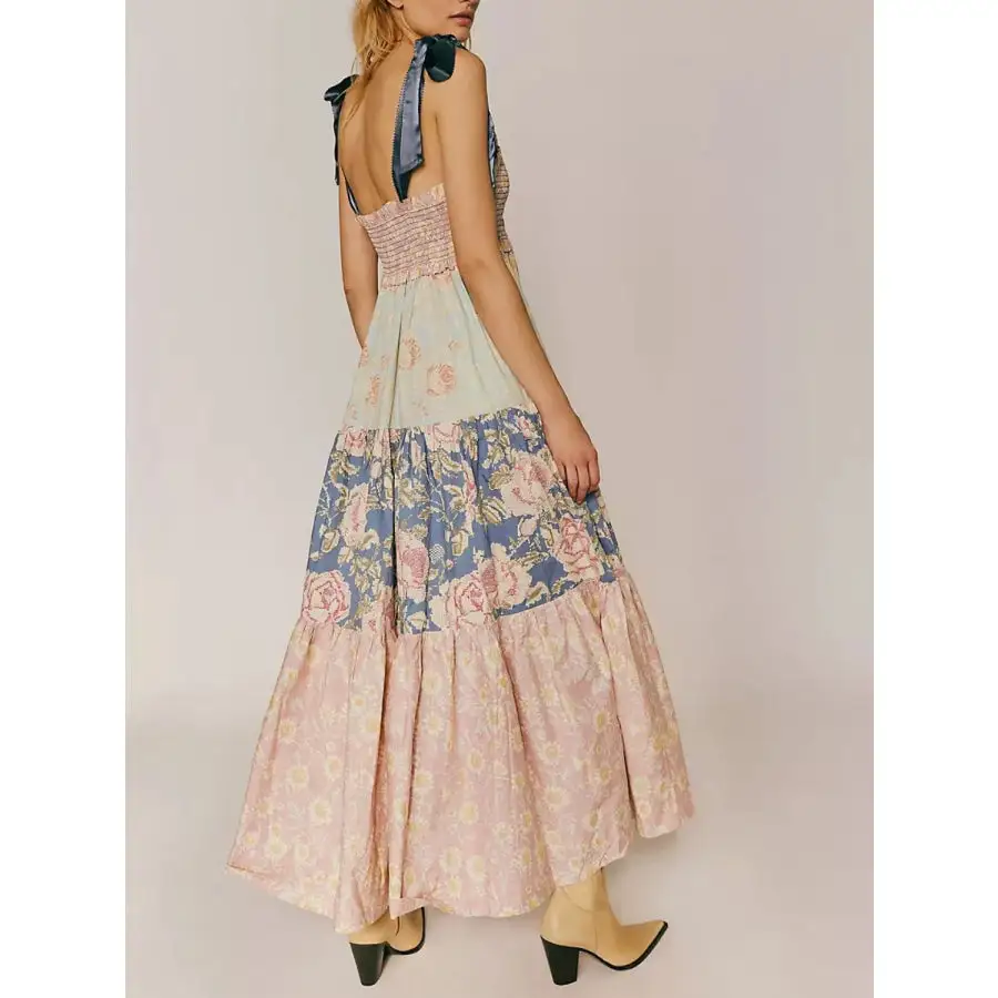 Printed V Neck Tie Shoulder Cami Dress