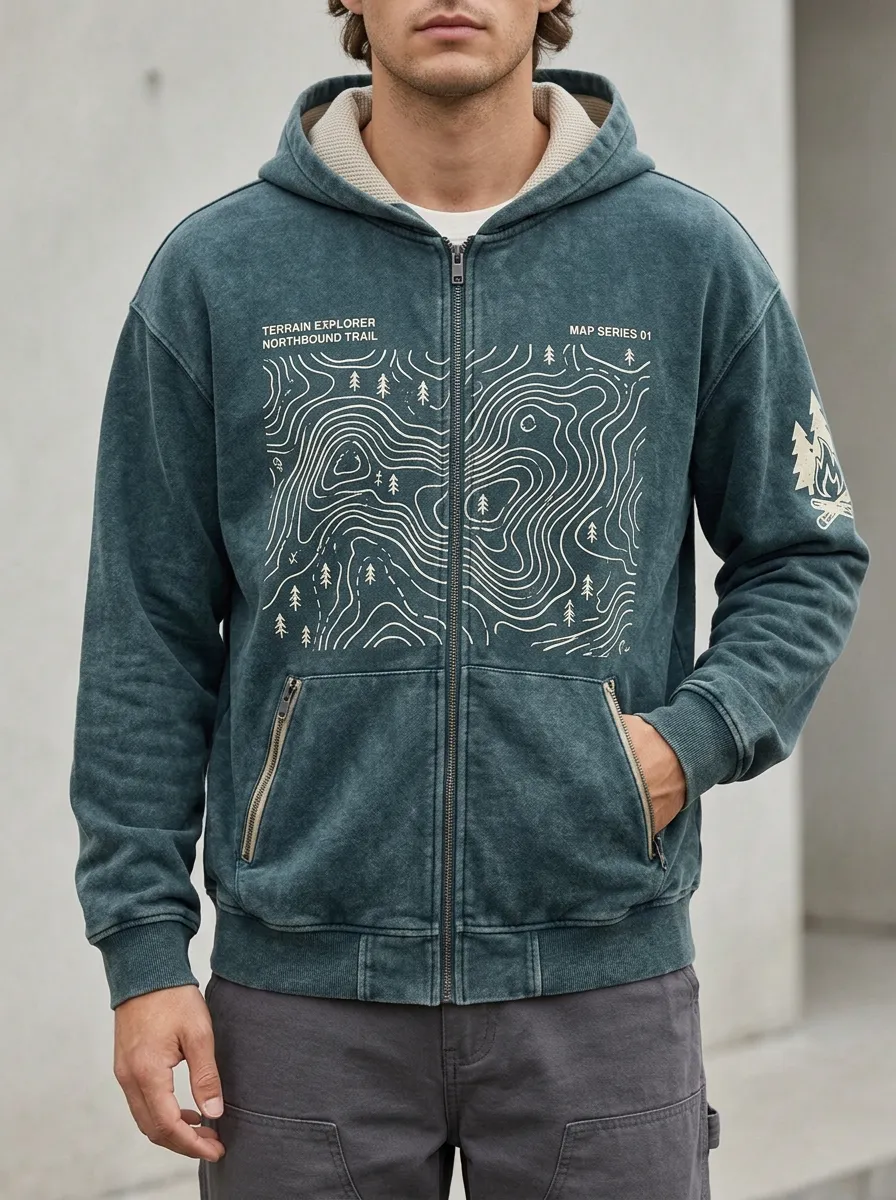 Men's Outdoor Explorer Topographic Map Sleeve Graphic Zip-Up Hoodie