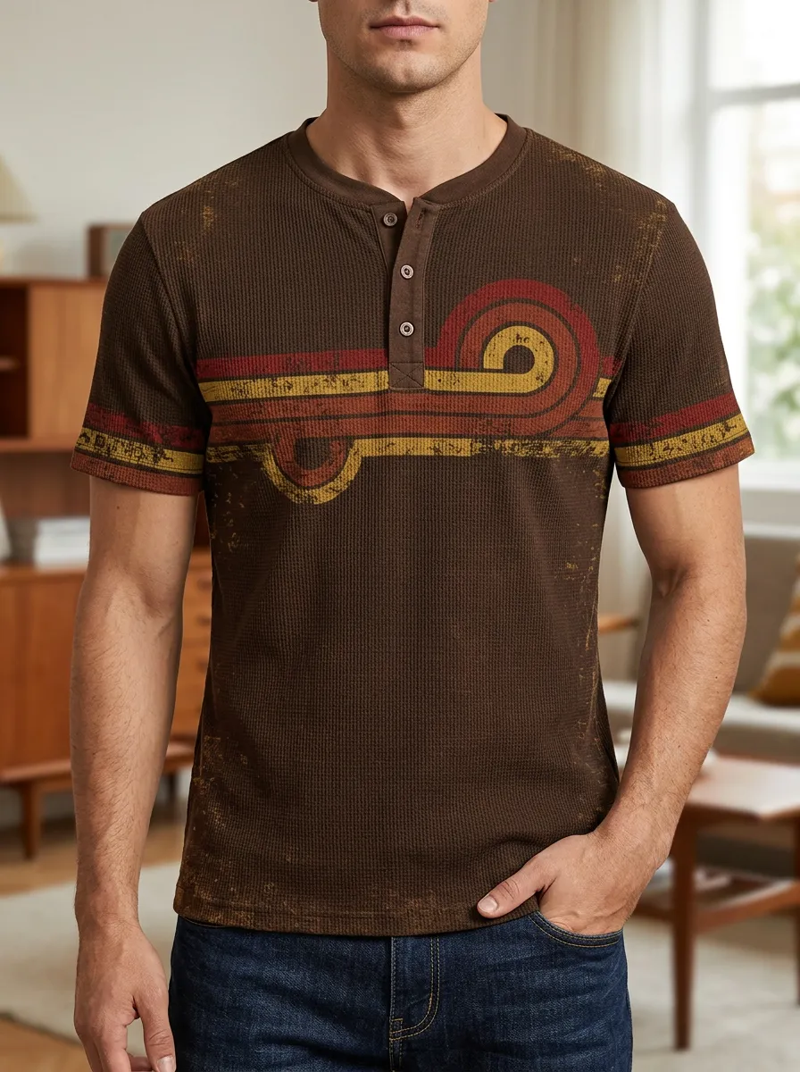 Men's Retro 70s Striped Graphic Printed Waffle Henley T-shirt