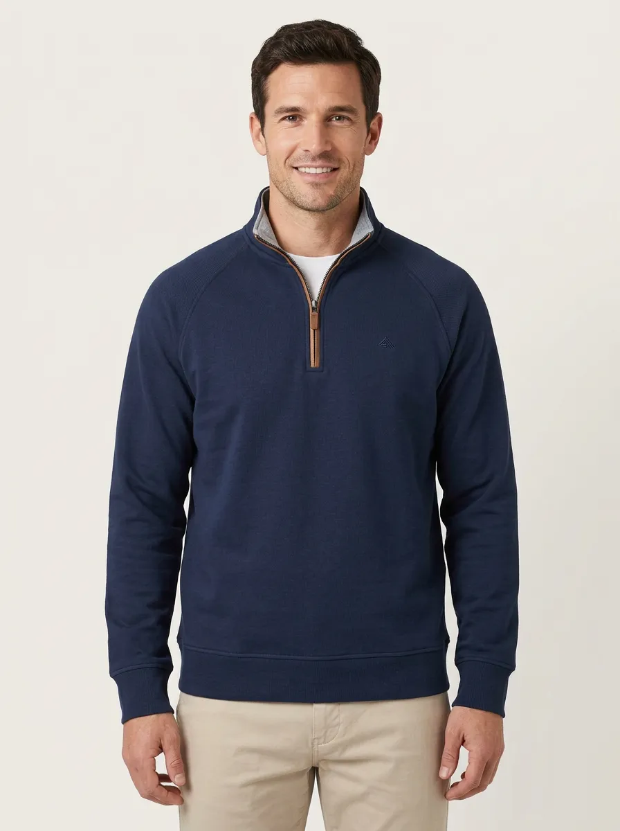 Men's Contrast-Trim Textured Raglan Embroidered Emblem Quarter-Zip Sweatshirt