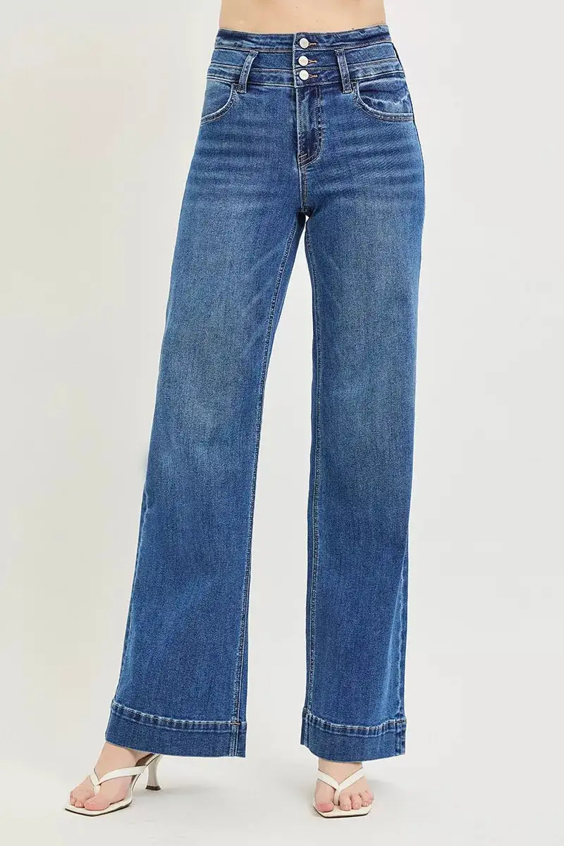 High Rise Wide Waistband Wide Leg Jeans