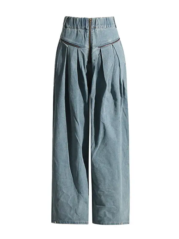 Relaxed Fit Wide Leg Seamed Pleated Zip Detail Pocket Jeans