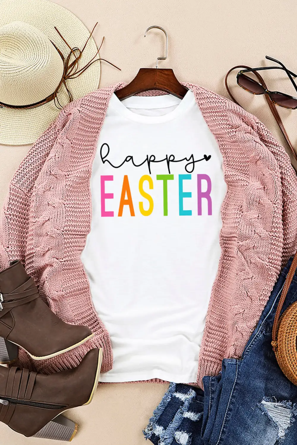 White Happy Easter Round Neck