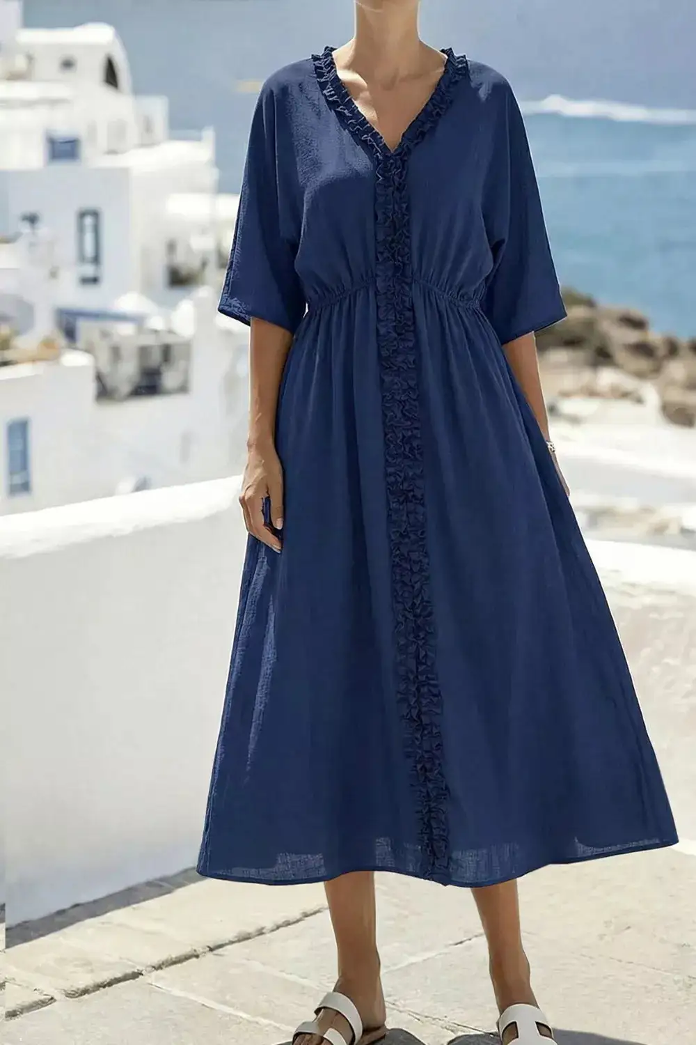 V Neck Ruffle Short Sleeve Midi Dress