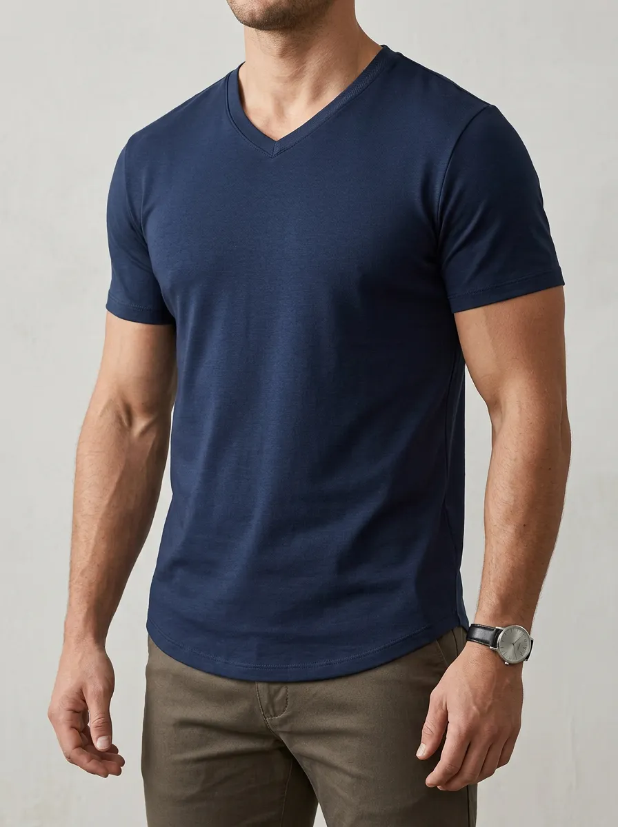 Refined Textured Curved Hem V-Neck Essential Men's Slim Fit Short Sleeve T-Shirt