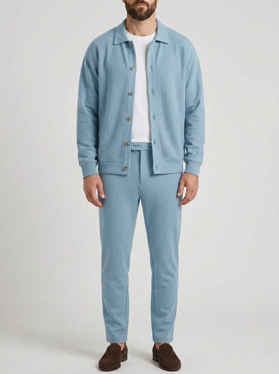 Men's Modern Textured Minimal Polo Collar Jacket and Jogger Pants Set
