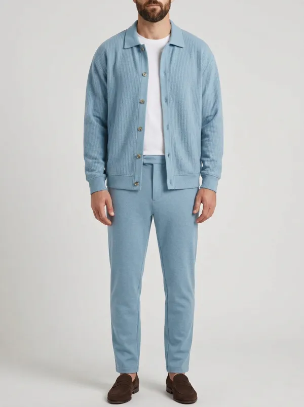 Men's Modern Textured Minimal Polo Collar Jacket and Jogger Pants Set