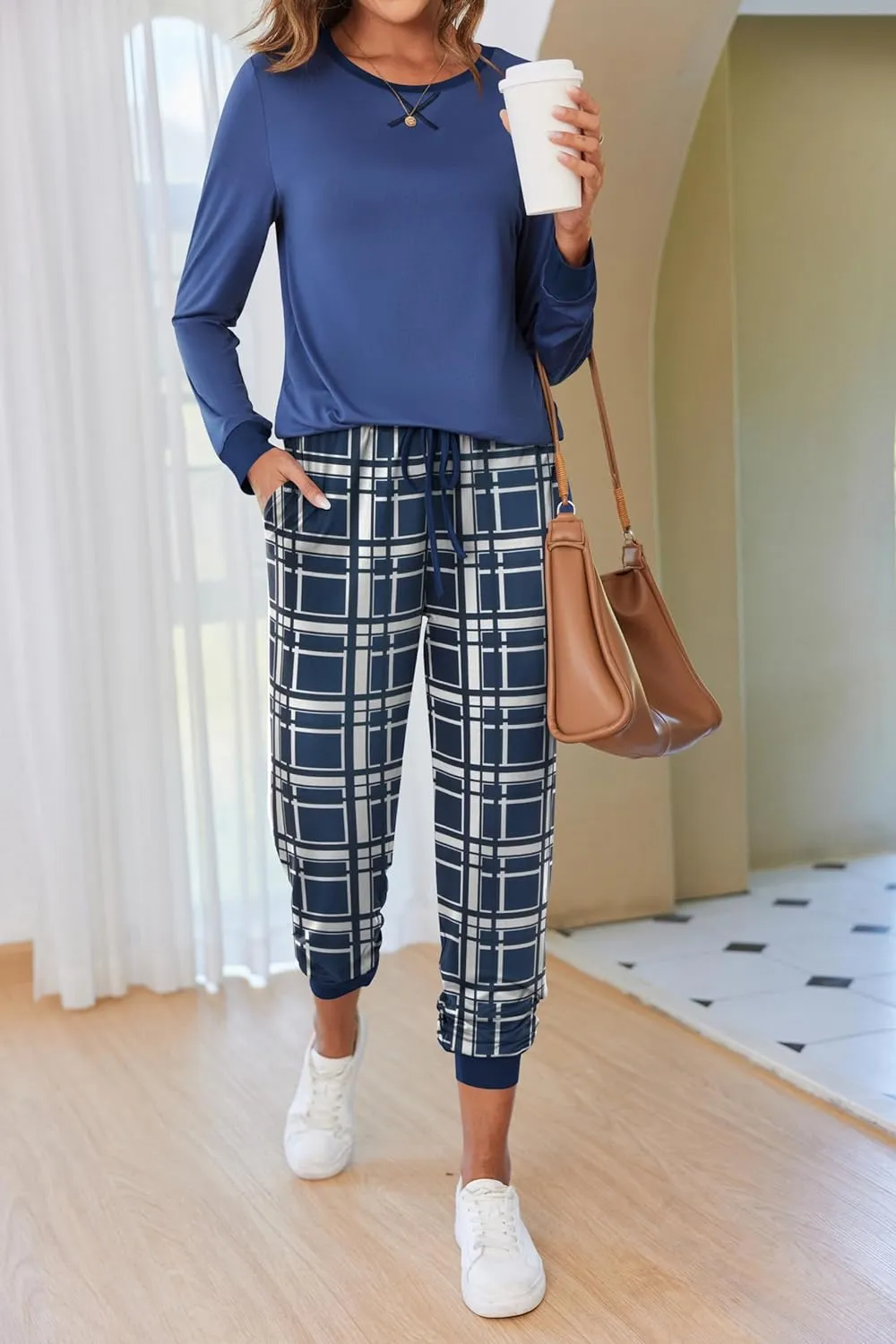 Women's Pajamas Sets Long Sleeve with Plaid Pants Soft Sleepwear O Neck 2 Piece Pjs Joggers Loung Set with Pockets