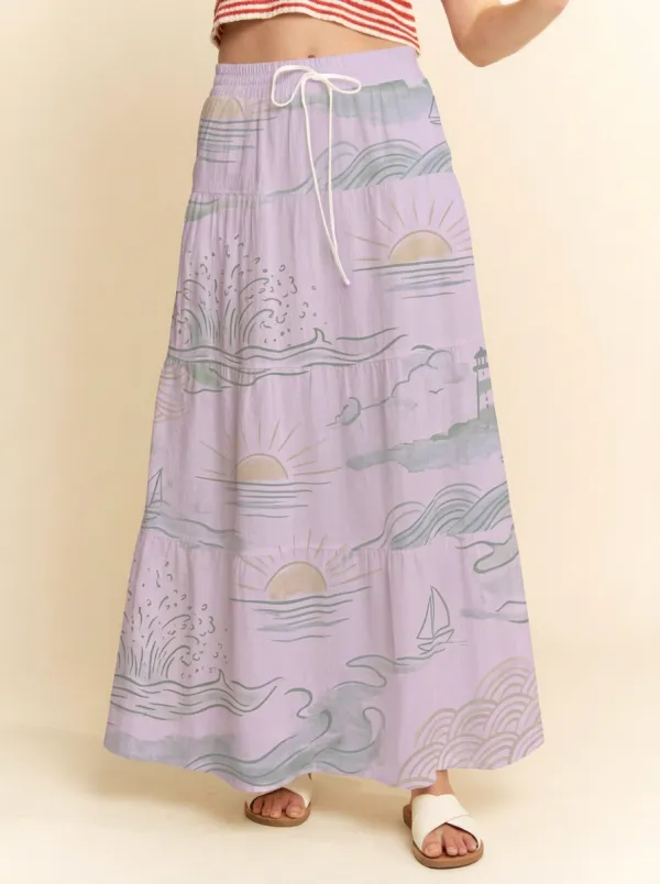 Women's Coastal Lighthouse Sunset Printed Maxi Skirt