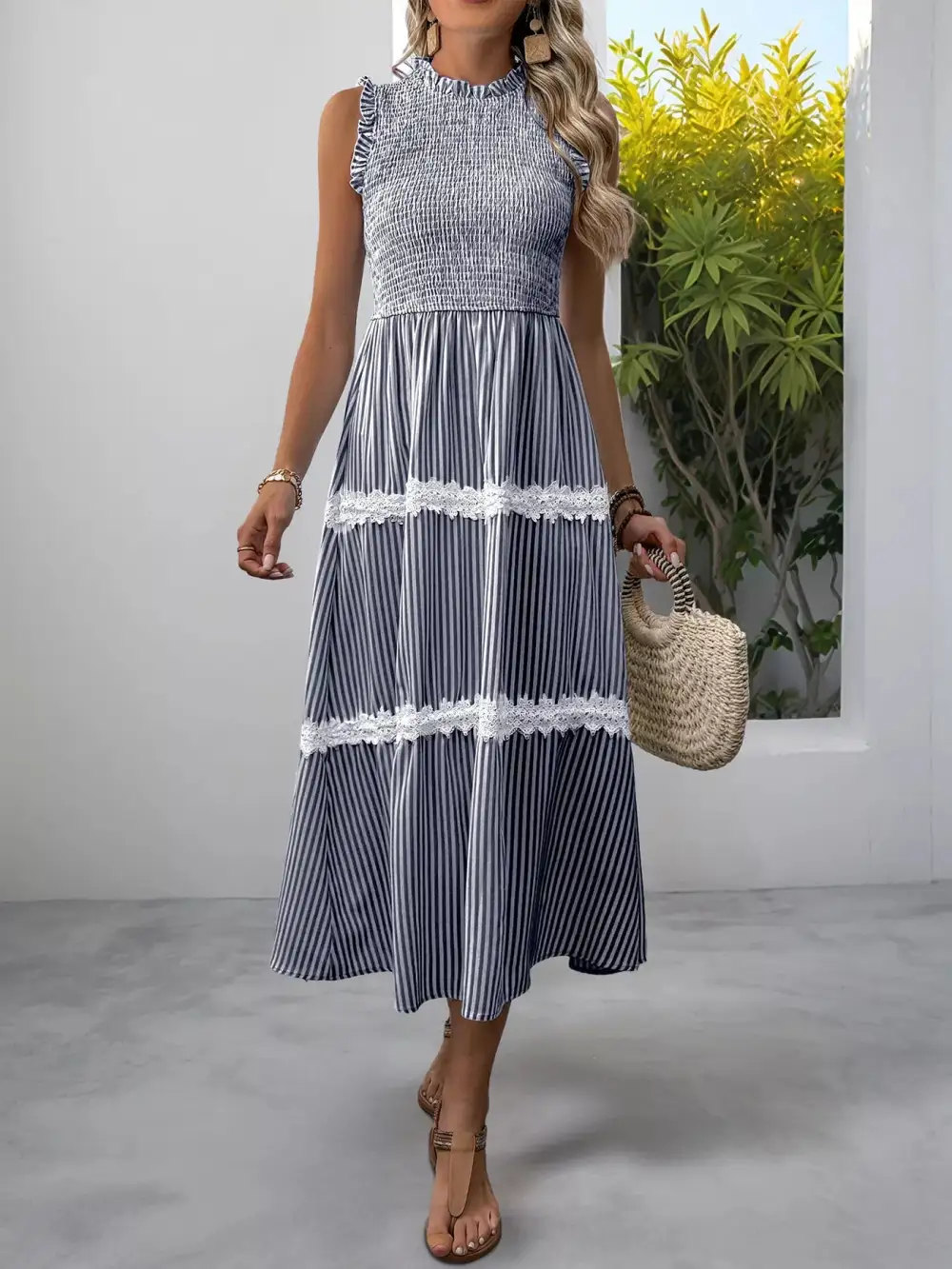 Gathered Detail Striped Lace Smocked Midi Dress