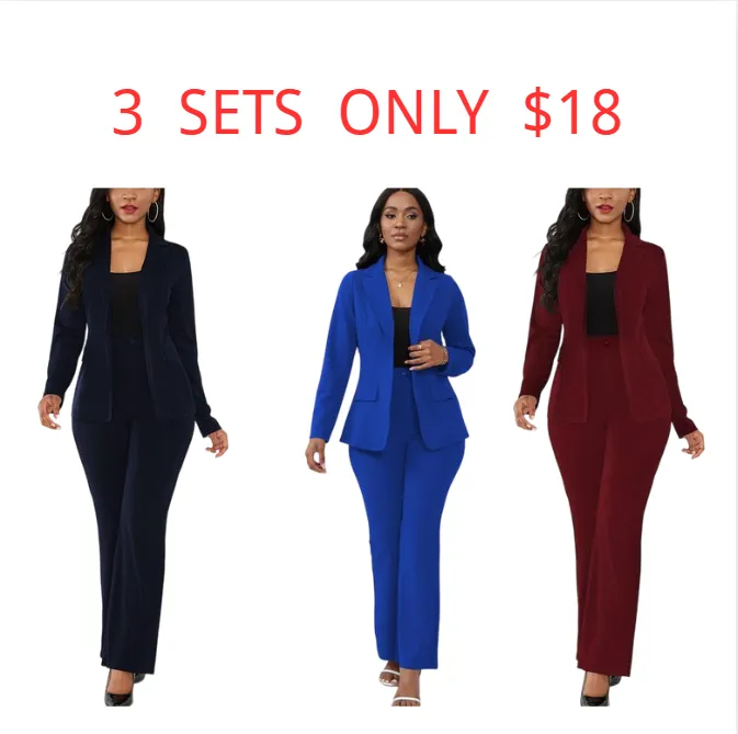Women's Basic Plain Button Lapel Neck Blazer & Suit Pants