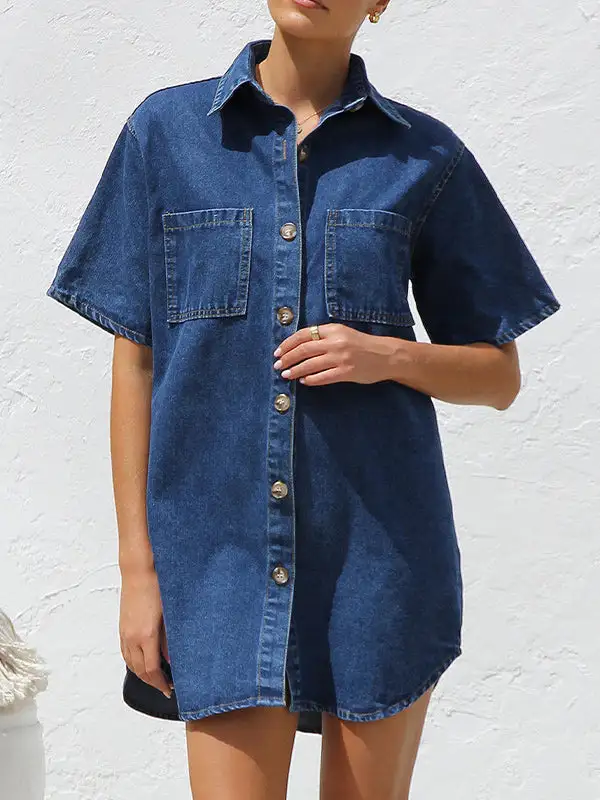 Relaxed Short Sleeve Split Joint Lapel Mini Dress Shirt Dress