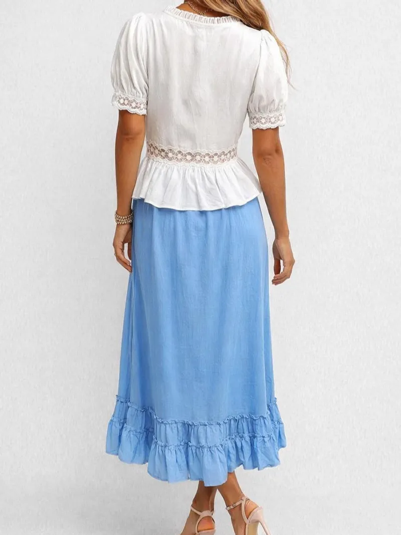 Solid Color Tiered Ruffle Hem Elastic Waist Maxi Skirt