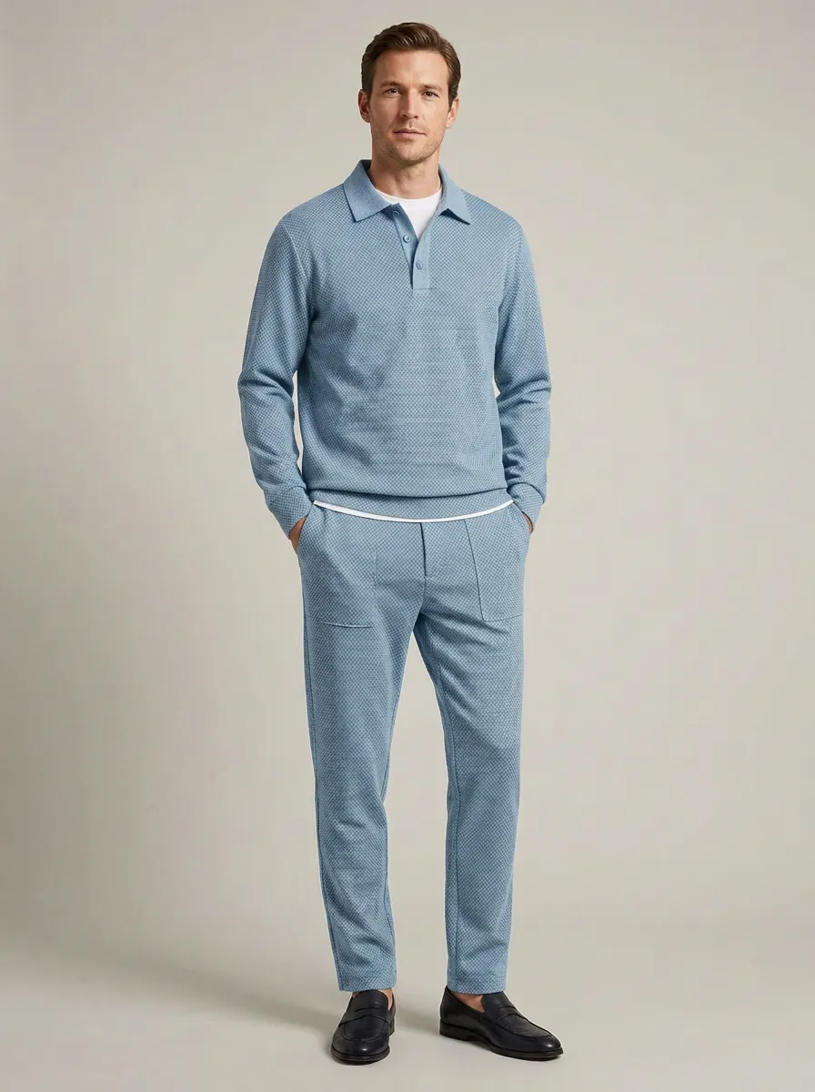 Men's Geometric Polo Collar Jacket and Jogger Pants Set