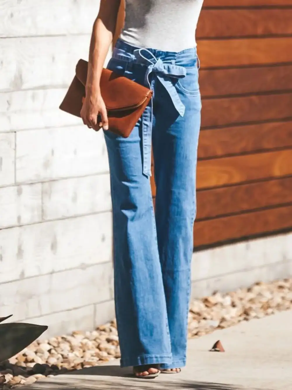 High Waisted Tie Front Flared Denim Jeans