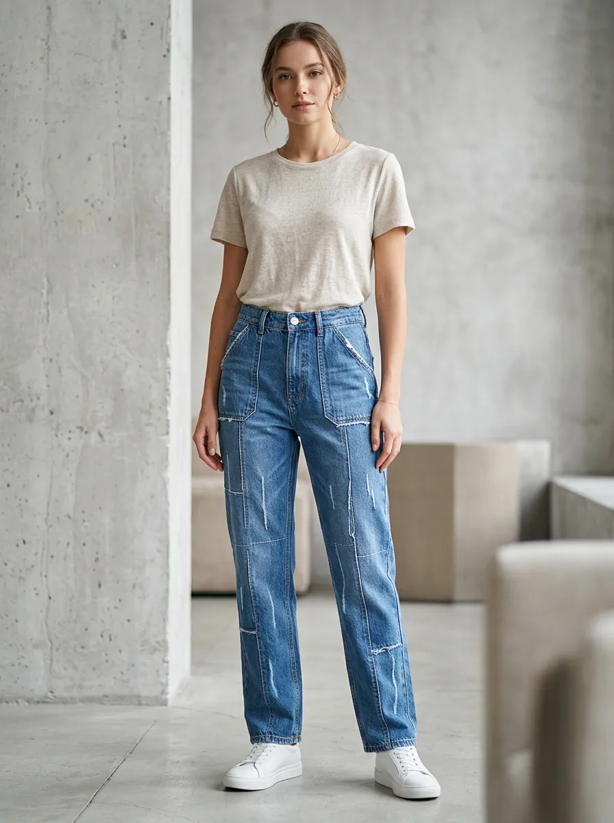 Women's Patchwork Distressed Denim Printed Jeans