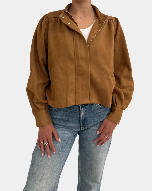 Gathered Suede Zip Front Jacket
