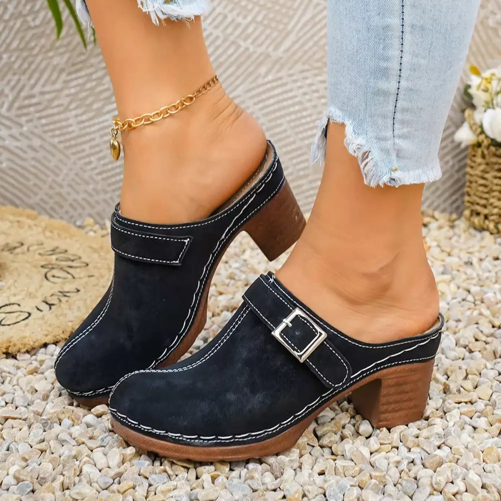 Textured Round Toe Block Heel Sandals