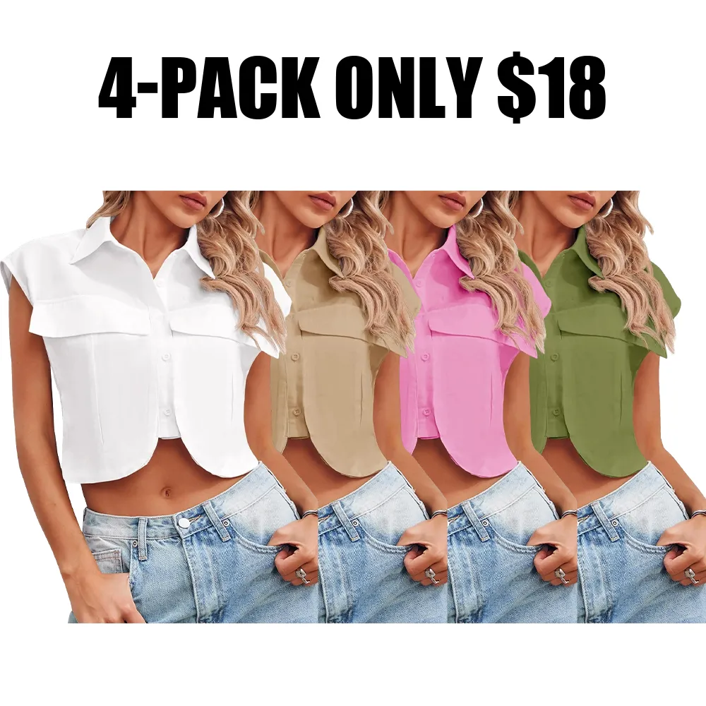 Womens Button Down Shirts Cute Summer Cap Sleeve Crop Tops
