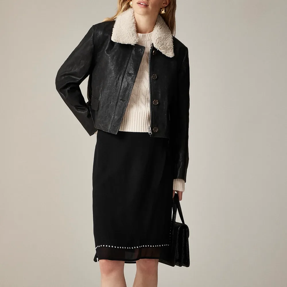 cropped leather car coat with sherpa collar