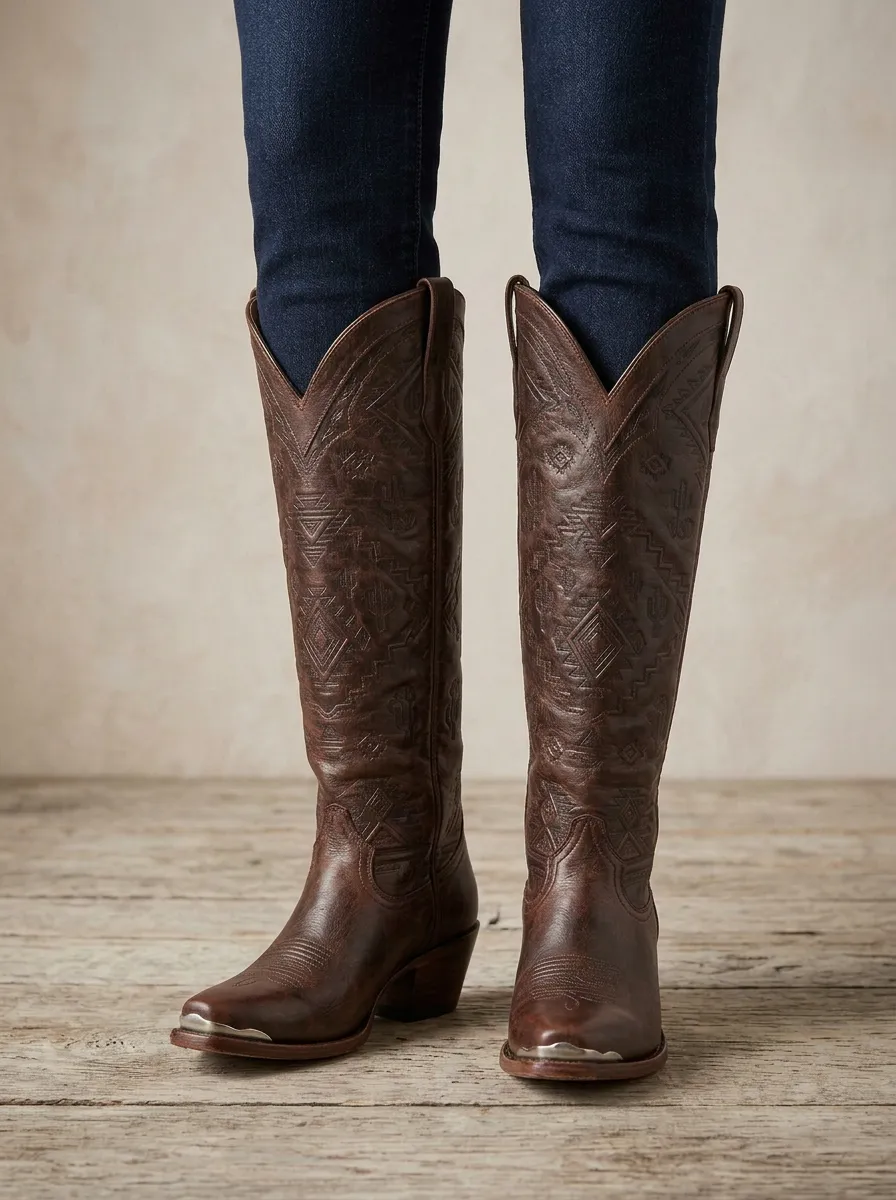 Women's Western Cactus Geometric Embroidered Embossed Pointed-Toe Block-Heel Denim Over-the-Knee Boots
