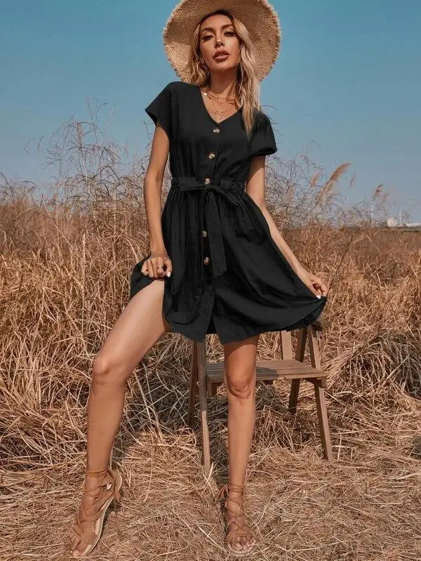 Women Solid Drawstring Waist Button Front Dress