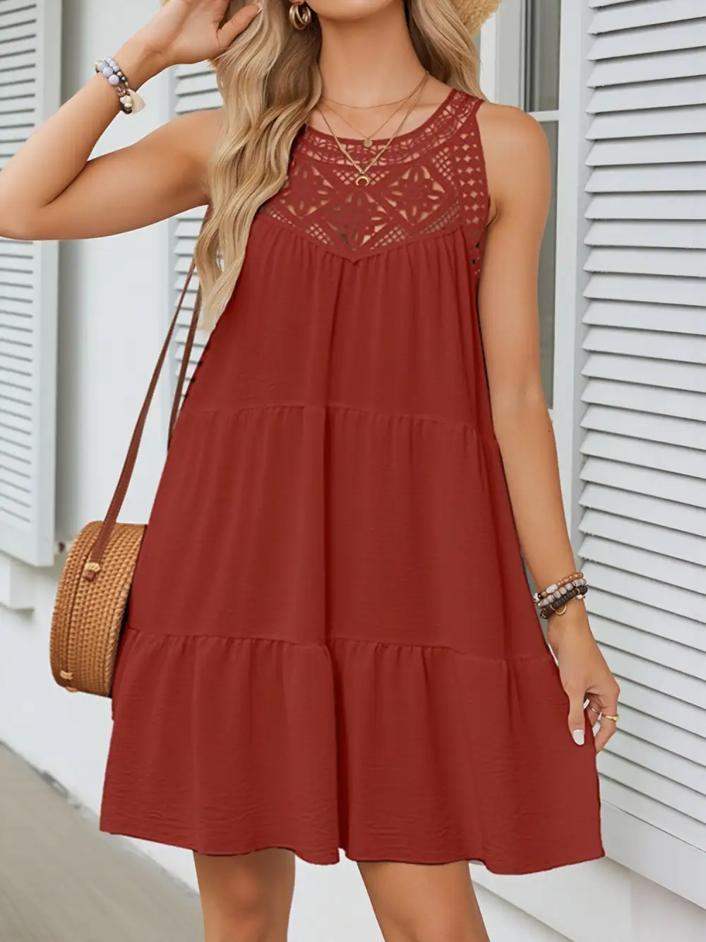 Boho Lace Sleeveless Tiered Above-Knee Length Dress