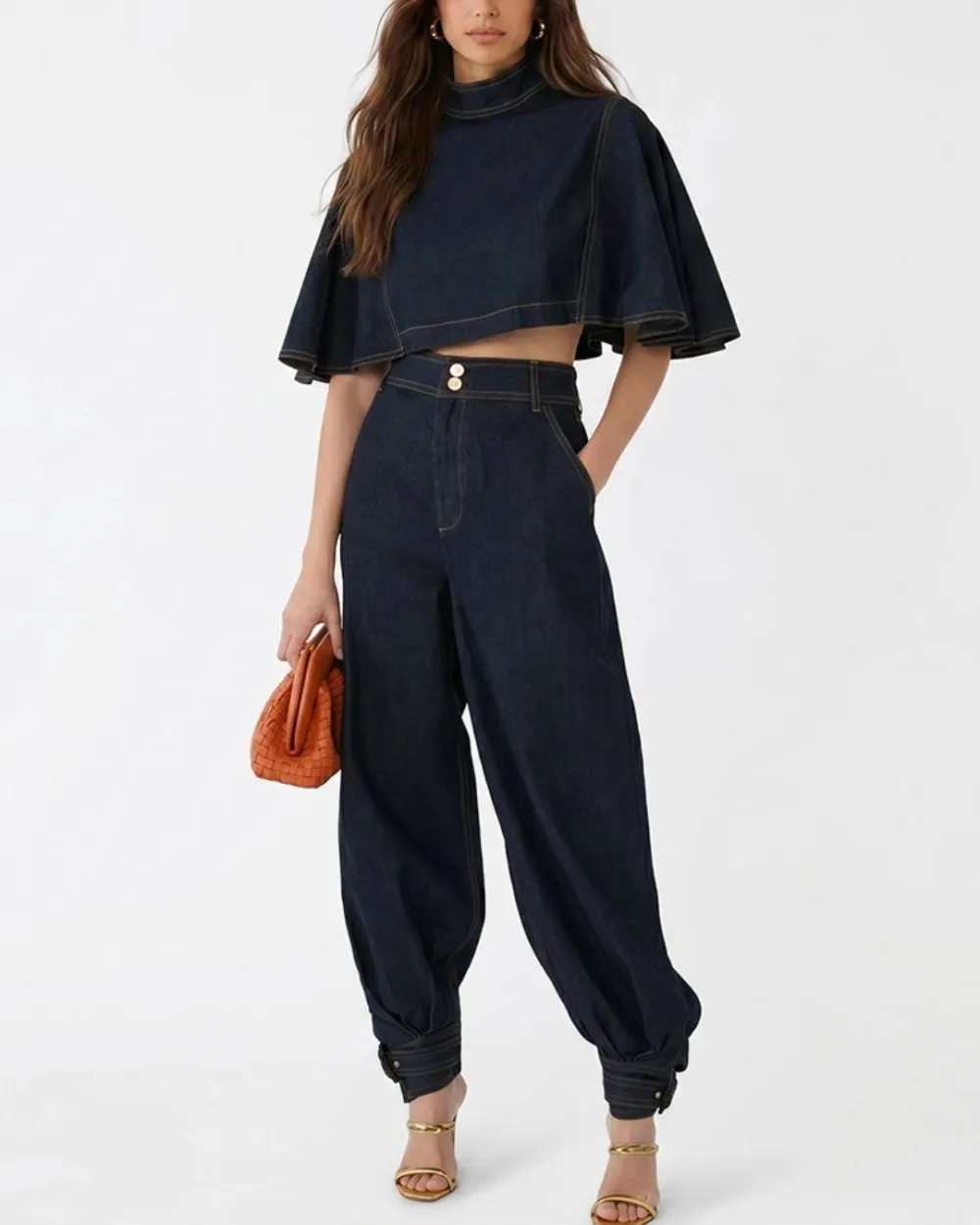 Modern Denim Capelet and High-Waist Tapered Pants Two-Piece Set
