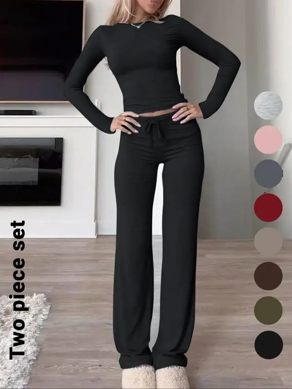 Women's Solid Color Long Sleeve Crop Tee & High-Waisted Drawstring Pants Set, Casual Everyday Slim Fit Outfit for Fall & Winter Seasons