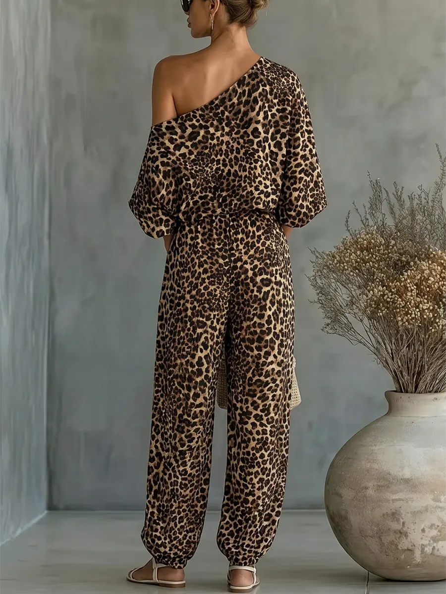 Half Sleeve Leopard Print Blouse And Pants Set