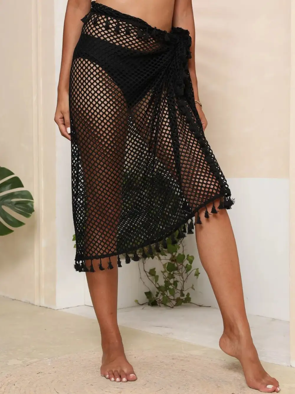 Tassel Openwork Open Front Swim Cover Up