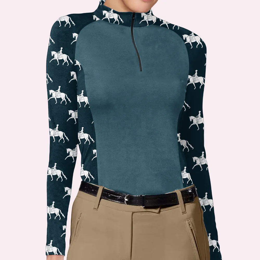 Women's Riding Style Horses Print Long Sleeve Splicing Casual Shirt