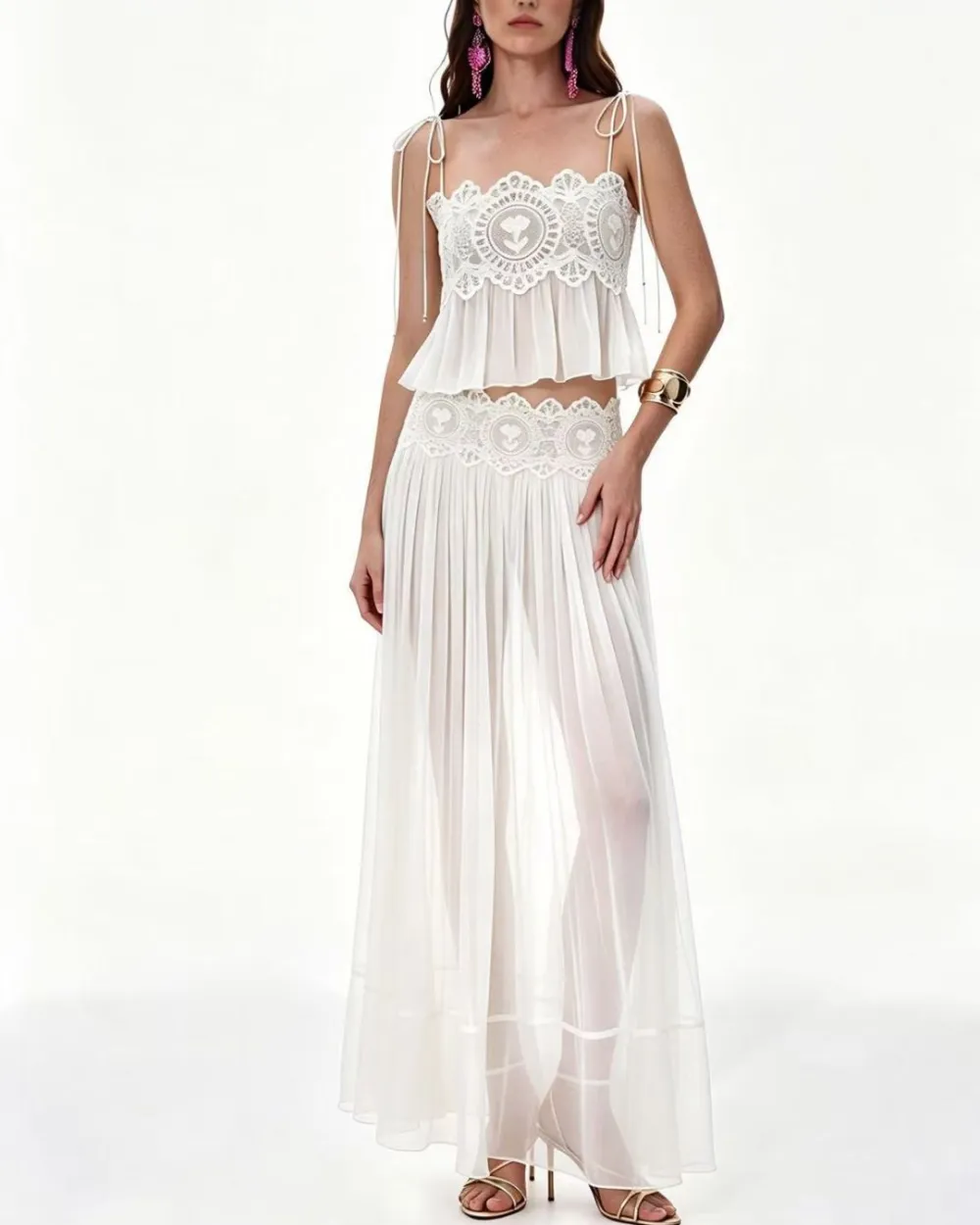 Slim Fit Ruffle Trim Open-Back Chiffon Set