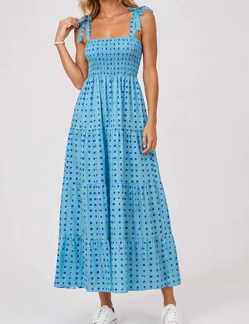 Abstract Smocked Strap Square Neck Midi Dress