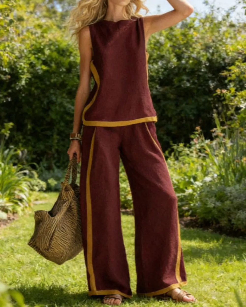 Sleeveless Contrast Trim Top Wide Leg Pants Set Breezy Summer Outfit