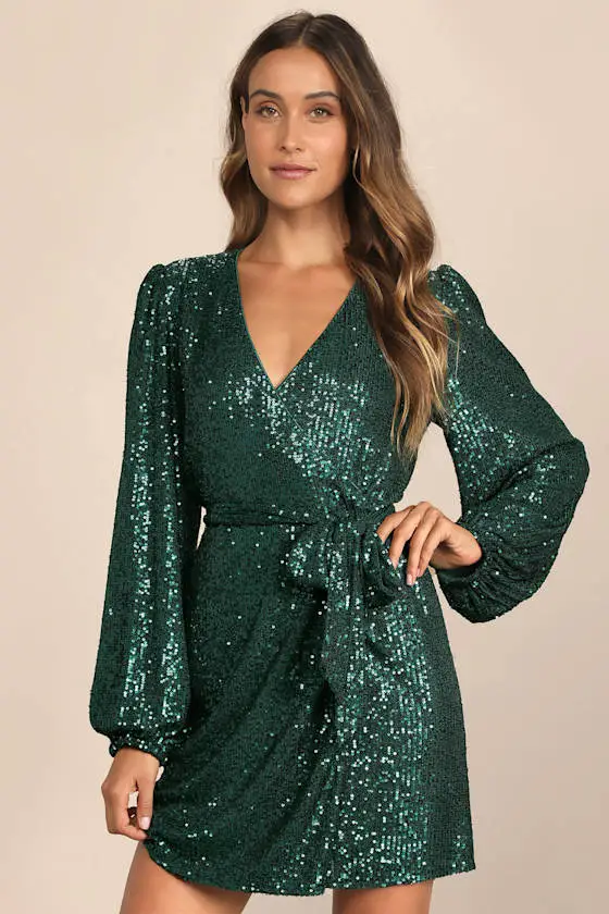 Sparkly Darling Emerald Green Sequin Long Sleeve Wrap Dress