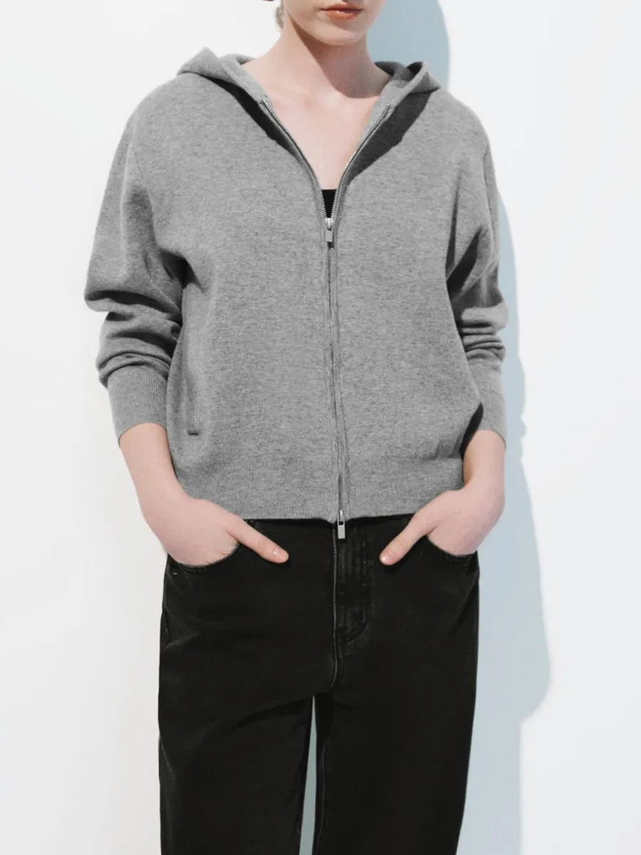 Lady's Grey Casual Style Zippered Knitted Hoodie