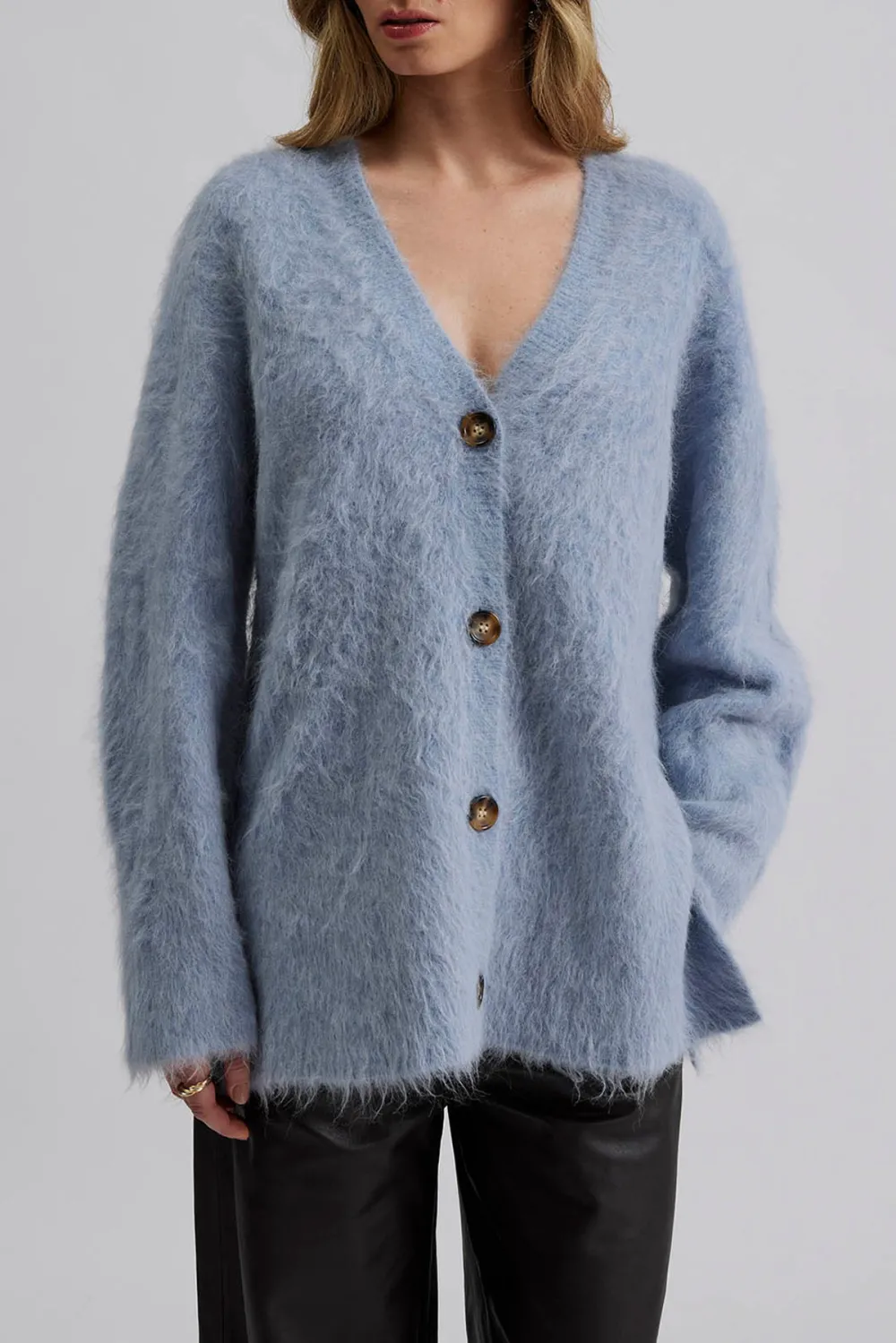 Fuzzy V Neck Button Front Cardigan
