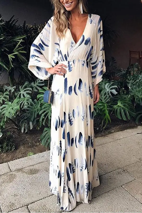 Sexy Floral Print Long Sleeves Vacation Maxi Dress