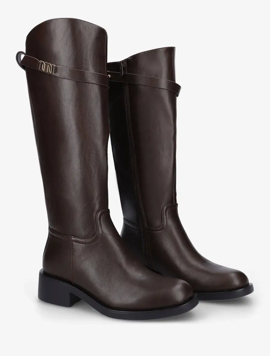 Classic Utility Block Heel Faux Leather Knee High Boots