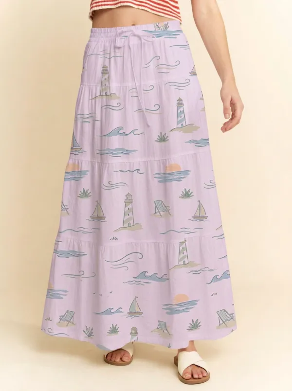 Women's Coastal Lighthouse Sailboat Printed Maxi Skirt